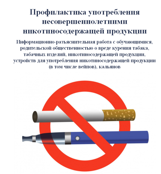 Профилактика употребления несовершеннолетними никотиносодержащей продукции.